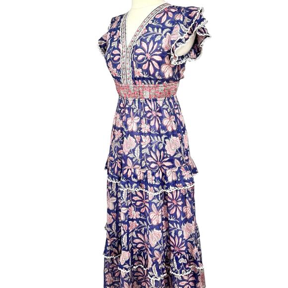 NWT Sal Rosa Womens Boho Hand Block-Printed Floral Tiered Maxi Dress Size M $235 - Picture 3 of 12